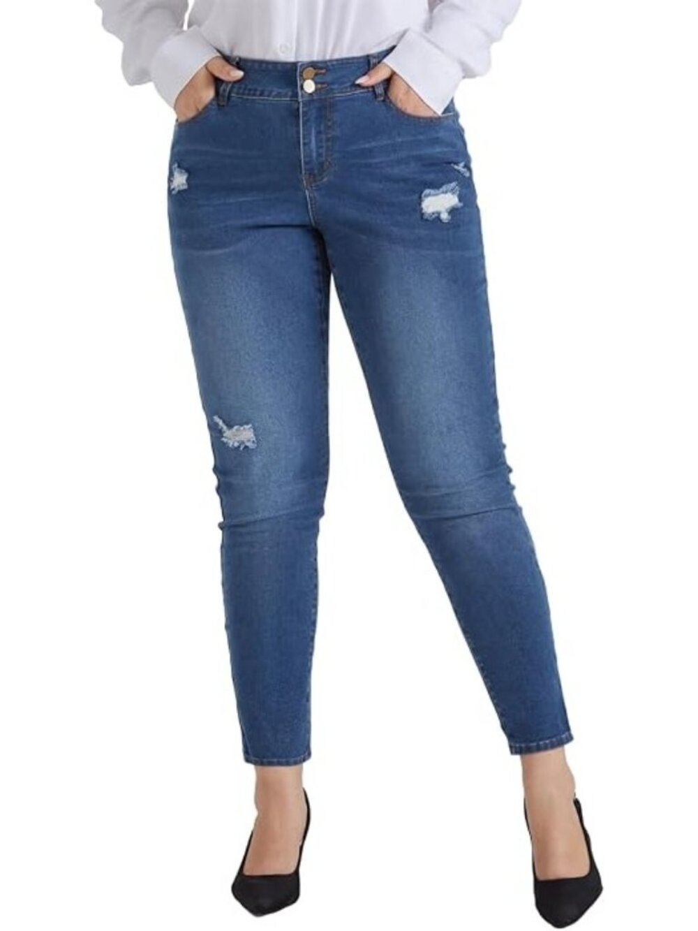 D. Jeans Size 14 Ankle High Waist Distressed Blue Medium Wash Raw Hem